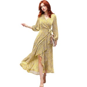 Anna-Kaci Women's Surplice V-Neck Floral Print Tie Wrap Long Sleeve Midi Flared Dress - Medium, Yellow - 1 of 4