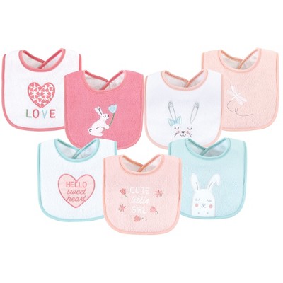 Hudson Baby Infant Girl Cotton Terry Drooler Bibs with Fiber Filling, Bunny, One Size