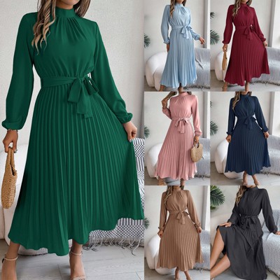 Women Pleated Dress Long Sleeve Stand Up Collar With Belt A-Line Flowing Dress