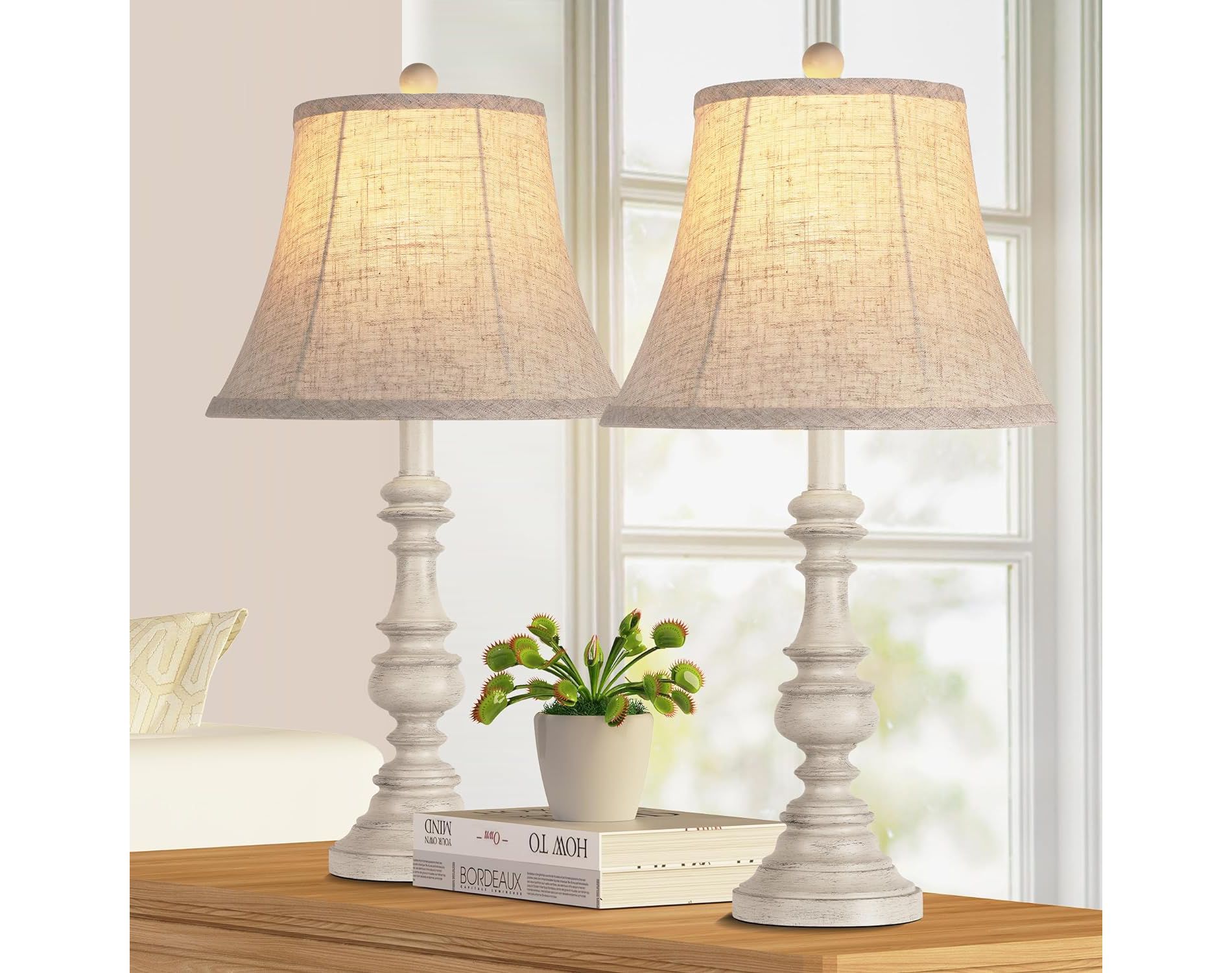 ROTTOGOON 24" Traditional Table Lamp Set of 2 Nightstand Lamps with 3-Color Temperature LED Bulbs Linen Shade Rustic Farmhouse Vintage Beige