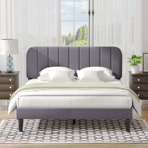VECELO Velvet Upholstered Platform Bed Frame with Adjustable Headboard, Sturdy Wood Slat Support, No Box Spring Required - 1 of 4