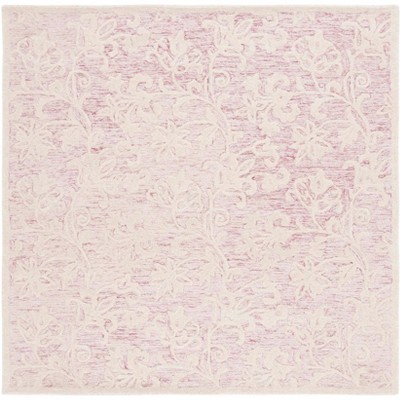 Handmade Pink and Ivory Floral Wool Tufted Square Rug
