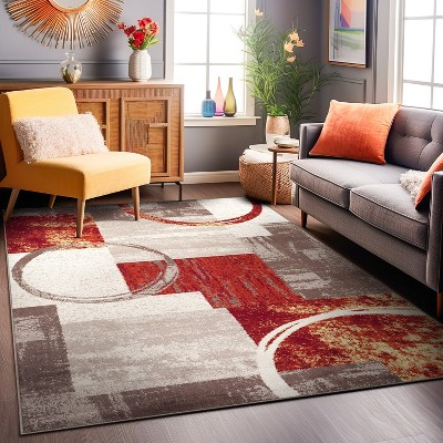 Rust and Ivory Abstract Synthetic 5' x 7' Rectangular Area Rug