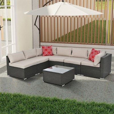 Lydia 7-piece PE Rattan Patio Conversation Set, Sectional Sofa Set with Glass Top Coffee Table, Cuishion, Pillows, Outdoor Furniture - Maison Boucle