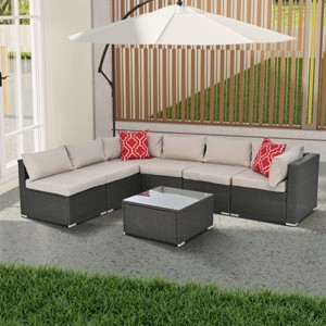 Lydia 7-piece PE Rattan Patio Conversation Set, Sectional Sofa Set with Glass Top Coffee Table, Cuishion, Pillows, Outdoor Furniture - Maison Boucle - 1 of 4
