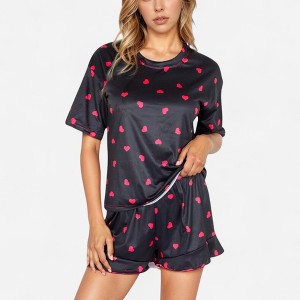 Anna-Kaci Lounge Women's Heart Print Satin Pajama Set with Short Sleeve Crew Neck Top and Ruffle Trim Lounge Shorts - 1 of 4