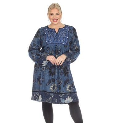 Plus Size Paisley Floral Embroidered Sweater Dress Blue Flower 1x -white  Mark : Target