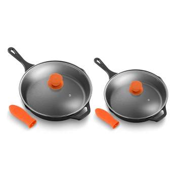 NutriChef 10 Inch and 12 Inch Pre Seasoned Cast Iron Frying Pan Set Bundle w/ Lids and Handle Covers for Indoor/Outdoor Cooking Grill, Stove, and Oven