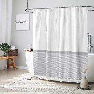 LunaLulinlk Farmhouse White Shower Curtain with Gray Striped - 1 of 4
