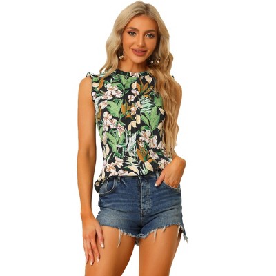 Allegra K Women's Ruffled Business Office 1950s Vintage Floral Sleeveless Top