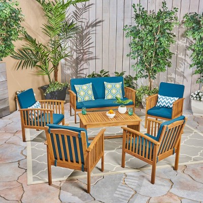 Carolina 6pc Acacia Wood Chat Set: Weather-Resistant, Cushioned, Christopher Knight Home