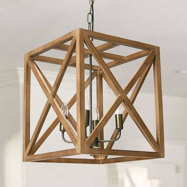Natural Brown Wood and Metal Cage Chandelier, 4-Bulb