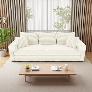 82.7" Plush Corduroy 3-Seater Sofa with Deep Seat, Soft Pillows & Ottomans - 1 of 4