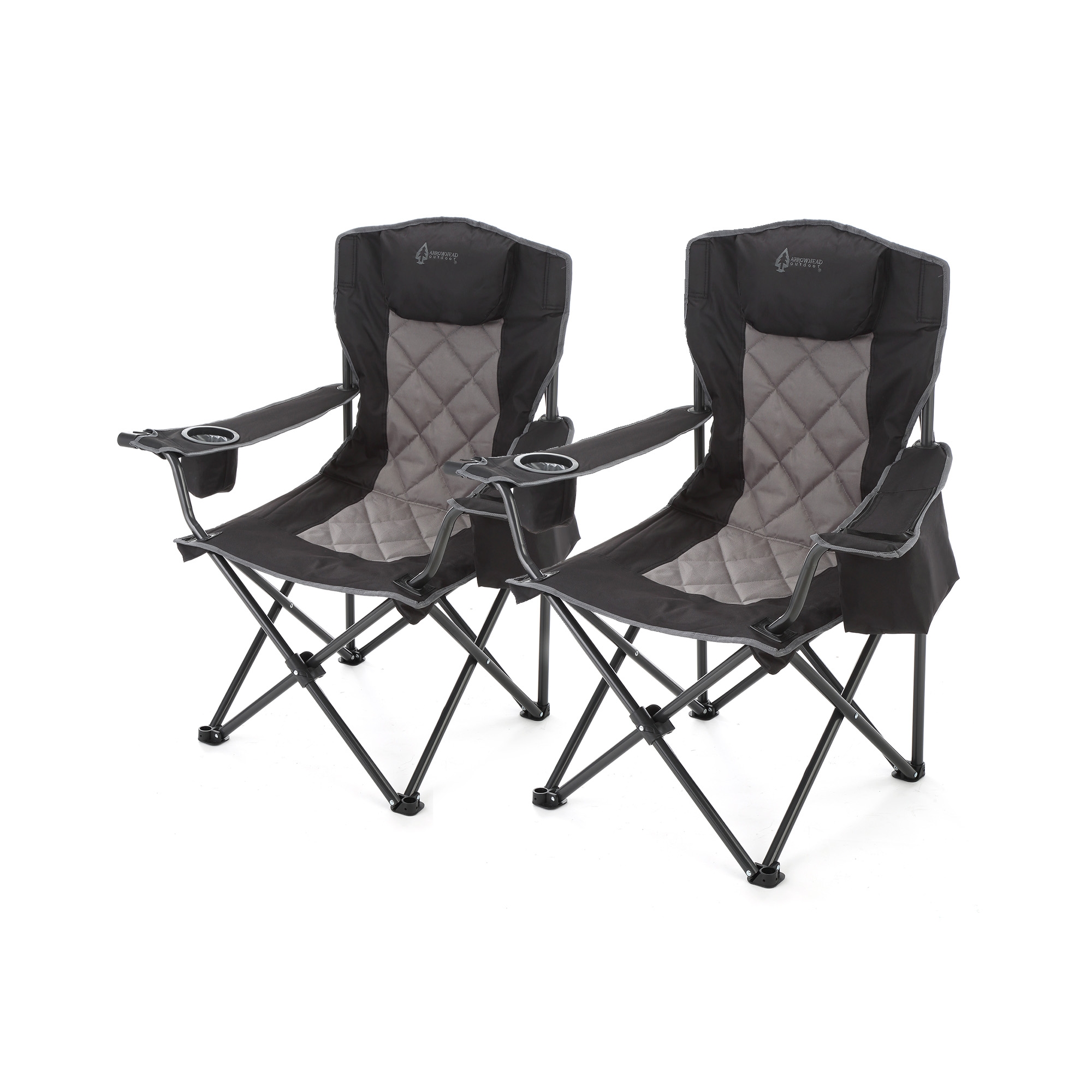 ARROWHEAD OUTDOOR 2-Pack Folding Camp Chair w/ Headrest, Cup & Wine Glass Holder, Armrest 6-can Cooler, Carry Bag, 550 lbs Capacity (Charcoal Black)