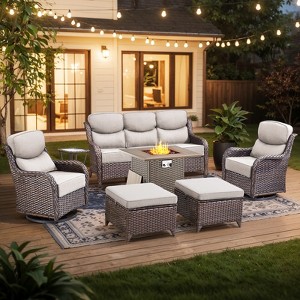 Buenhomino 7 Piece Wicker Outdoor Furniture Set with 6-inch Thick Cushion, High Back Patio Furniture Set with Swivel Rocking Chairs and Fire Pit Table - 1 of 4