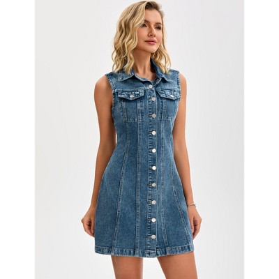 Женские платья INSPIRE CHIC Women's Denim Sleeveless Country Summer Collared Button Down Mini Jean Dresses Grey Blue Small — фото 2