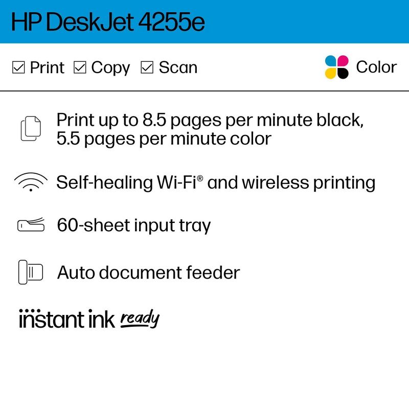 HP DeskJet 4255e Wireless All-in-One Color Printer, Scanner, Copier - White, 2 of 10