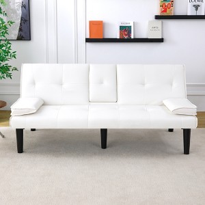 MAYEERTY PVC Multifunctional Two Seat Sofa Bed with Foldable and Cup Holder Design for Living Room Bedroom White - 1 of 4