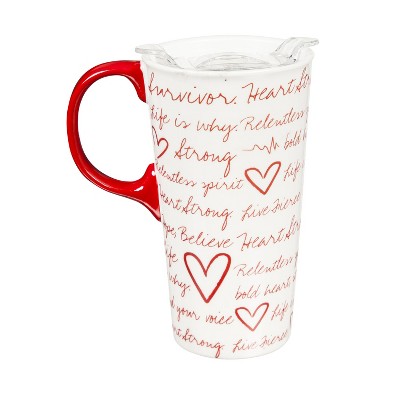 Evergreen Ceramic Travel Cup, 17 OZ. ,w/box, Relentless Hearts