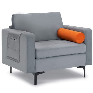 Costway Fabric Accent Armchair Single Sofa w/ Bolster & Side Storage Pocket Ash Grey - 1 of 4