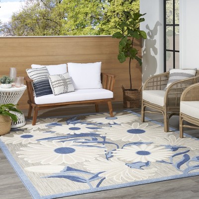 Aloha Daisy Blue/Grey Floral 9' x 12' Easy-Care Outdoor Rug