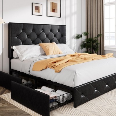Allewie King Size Upholstered Platform Bed Frame with 4 Storage Drawers, Diamond Stitched Headboard, Wooden Slats, No Box Spring Needed, White