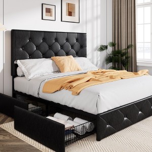 Allewie Full Upholstered Bed Frame/4 Storage Drawers/Adjustable Headboard/Diamond Button Tufted/Mattress Foundation/No Box Spring Needed/Black - 1 of 4