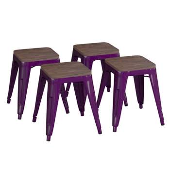 Flash Furniture 18" Backless Table Height Stool with Wooden Seat, Stackable Metal Indoor Dining Stool, Commercial Grade - Set of 4