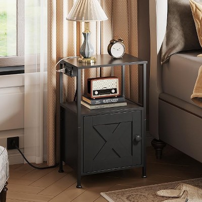 GALAXHERO Farmhouse End Table with Charging Station, Bedside Table with Open Shelf and Cabinet, Small Nightstand for Bedroom or Living Room