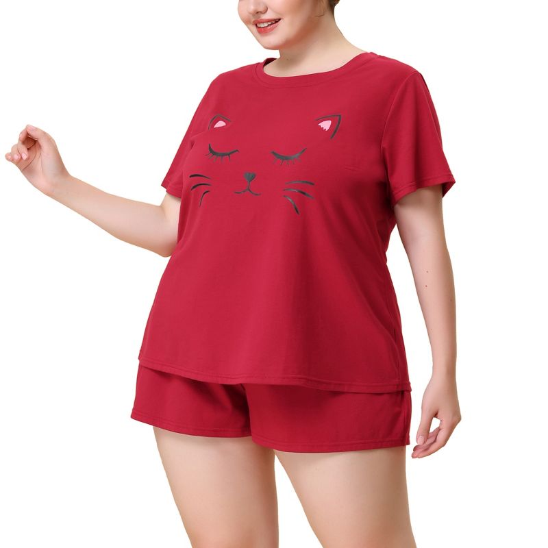 Agnes Orinda Women's Plus Size Comfort Cute Cat Print Short Sleeve Pajama Set, 2 of 6