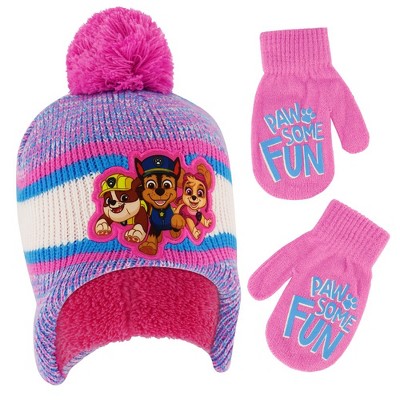 Paw Patrol's Marshall, Chase and Skye Girls Winter Hat and Mittens Set, Kids Ages 2-4 (Pink with fleece)