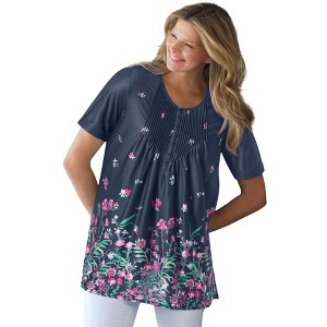 Woman Within Short-Sleeve Pintucked Henley Tunic - 1 of 4