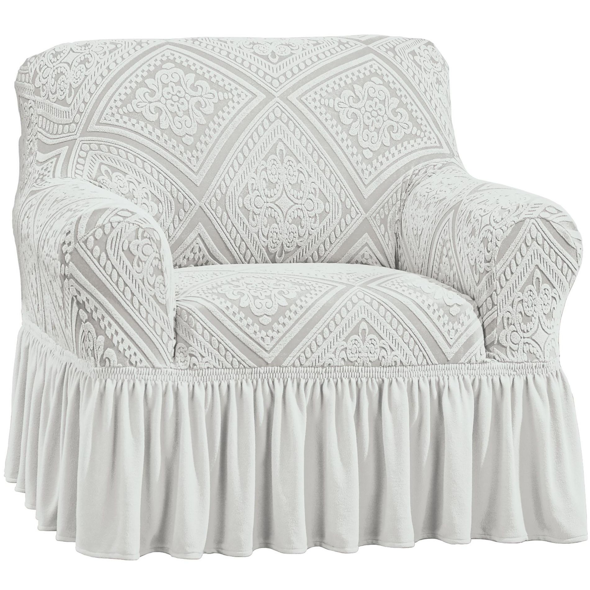 Collections Etc Stylish Trellis Design Ruffled Border Stretch Furniture Cover Chair Grey