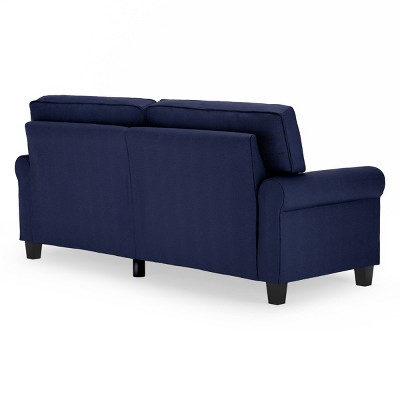 Navy Blue Leather Rolled Arm Sofa with Pillow Back