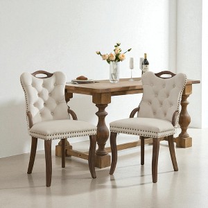 Set of 2 Velvet Tufted Dining Chairs with Solid Wood Handles, Nailhead Trim, Curved Legs, Accent Chairs for Dining Room or Kitchen - 1 of 4