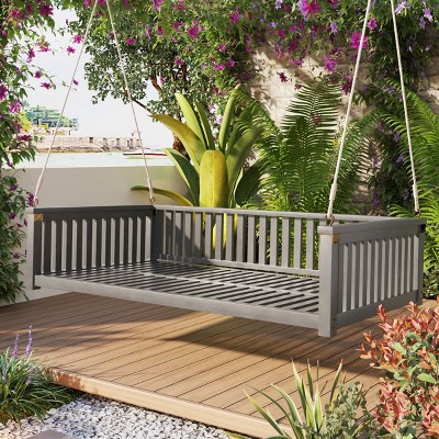Outdoor Garden Balcony Hammock Swing Chair,Sloped Design Patio Minimalist Twin Size Swing Bed,Wood Porch Backyard Hammock with Rope-Coolbibila