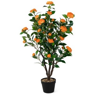 Tangkula 40" Artificial Camellia Tree Faux Flower Plant Artificial Tree in Cement Pot Greenery Potted Plant for Outdoor & Indoor Decor - 1 of 4