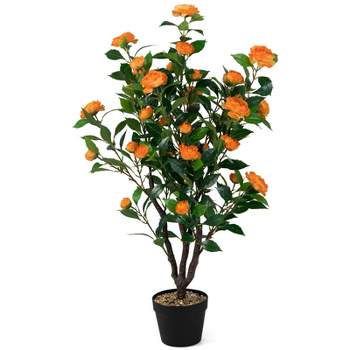 Tangkula 40" Artificial Camellia Tree Faux Flower Plant Artificial Tree in Cement Pot Greenery Potted Plant for Outdoor & Indoor Decor