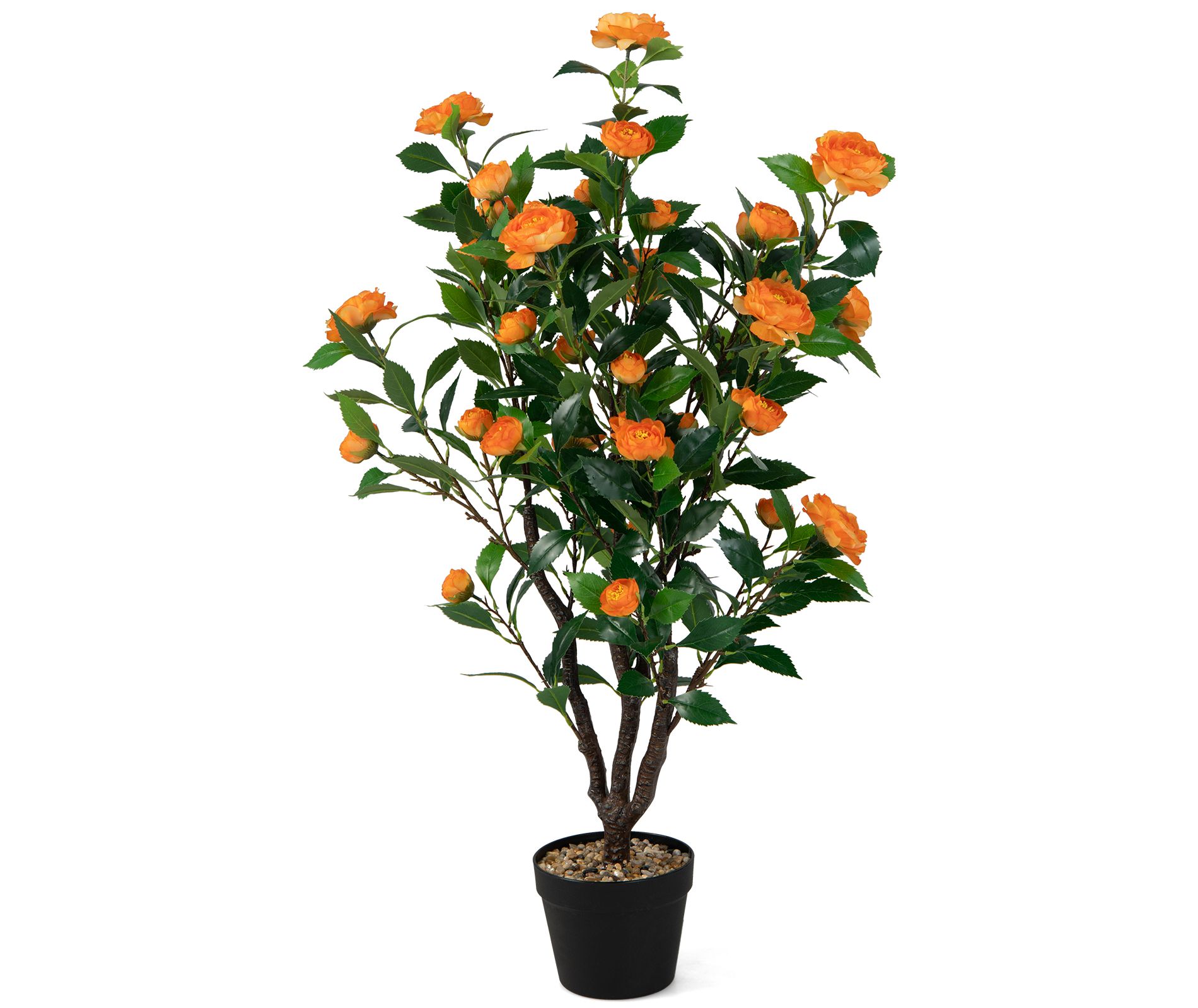 Costway 40" Artificial Camellia Tree Faux Flower Plant Artificial Tree in Cement Pot Greenery Potted Plant for Outdoor & Indoor Decor