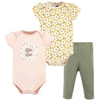 Hudson Baby Infant Girl Cotton Bodysuit and Pant Set, Sage Floral Wreath