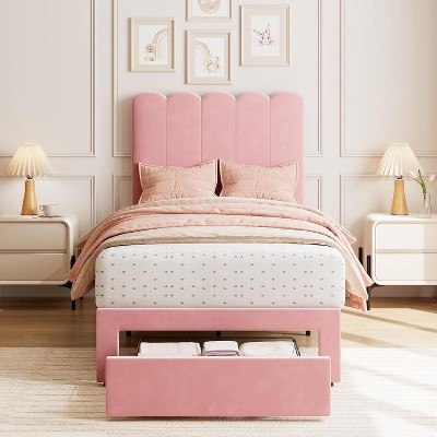 Nasitip Twin Bed Frame with Drawer, Velvet Upholstered Platform Bed with Wave Headboard, Wooden Slats Support, No Box Spring Needed, Noiseless