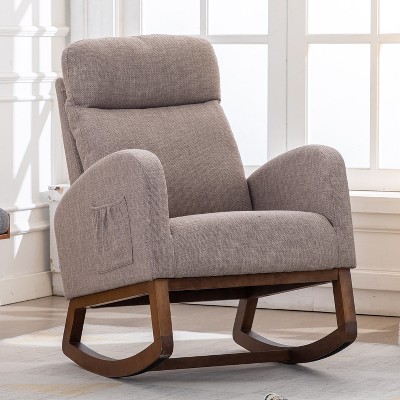MOONMISS  Modern Linen Glider Chair with Wood Legs and Side Pocket, Rocking Accent Chair with High Back for Living Room Bedroom