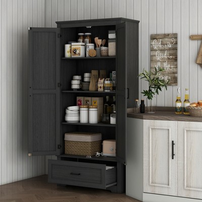 Black Tall Farmhouse Kitchen Pantry Cabinet with Adjustable Shelves