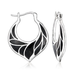 Ross-Simons Onyx Leaf-Pattern Hoop Earrings in Sterling Silver - 1 of 3