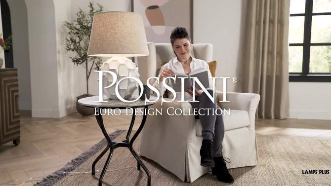 Possini Euro Design Cosgrove Modern Mid Century Table Lamp 26 1/2" High White Glazed Ceramic Light Brown Linen Drum Shade for Bedroom Living Room Home, 2 of 11, play video