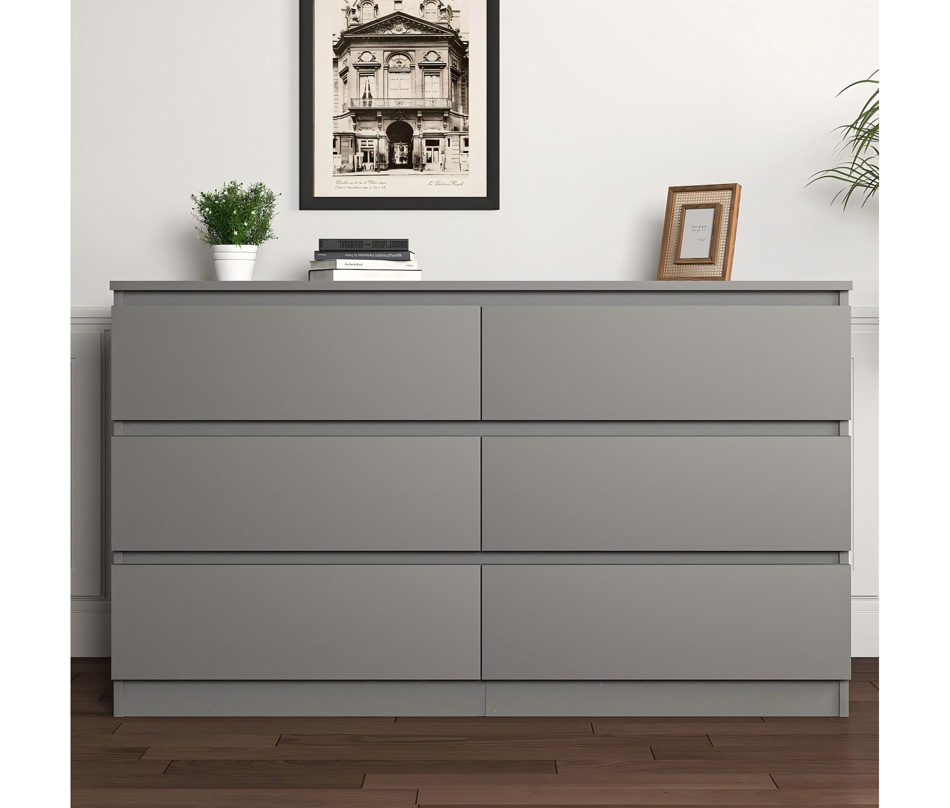 Resenkos Modern Mid Century 6 Drawer Wide Dressers Chests for Bedroom, Chest of Drawer Organizer Grey Grey1