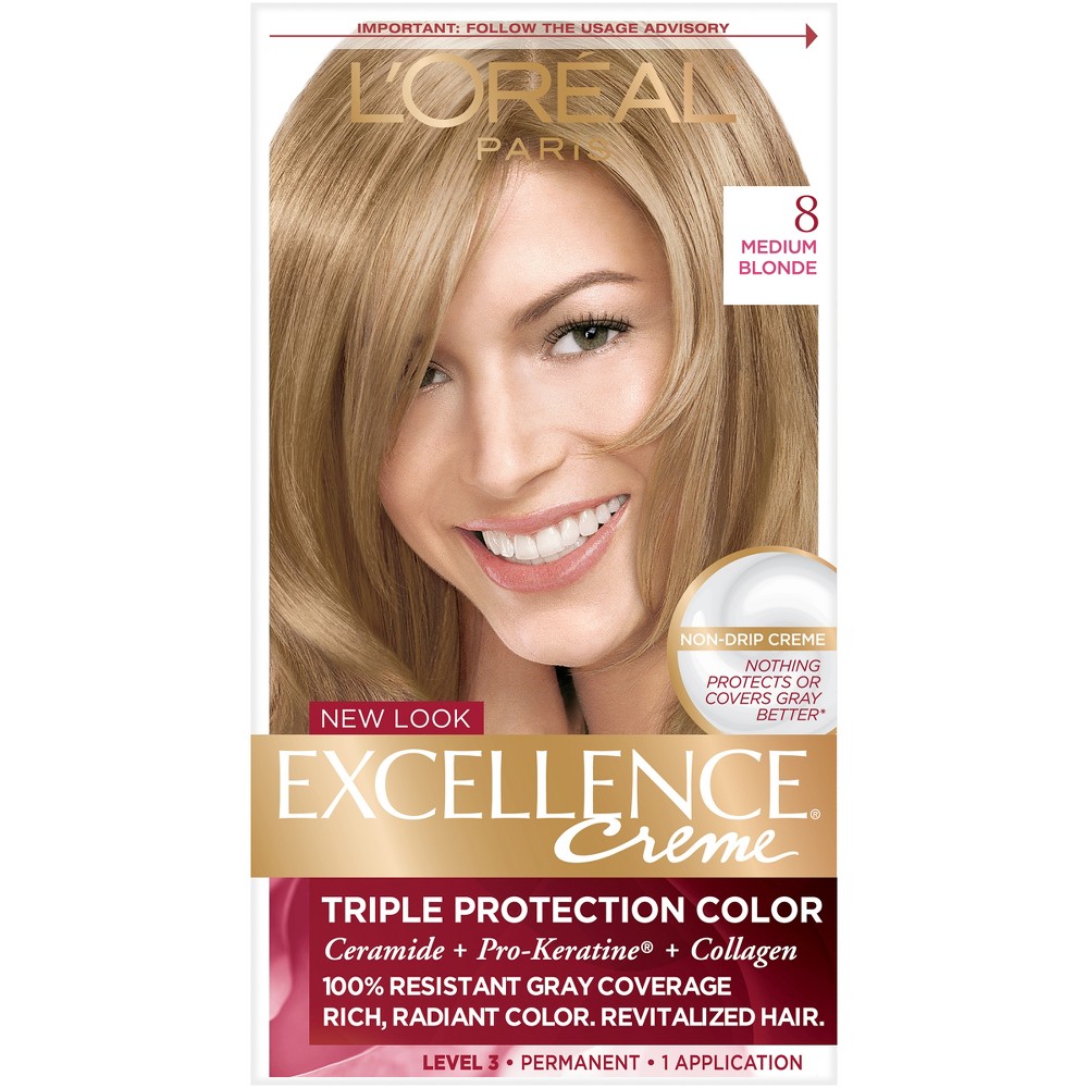 L'Oreal Paris Excellence Creme Permanent Triple Protection Hair Color, 8 Medium Blonde, 1 Kit