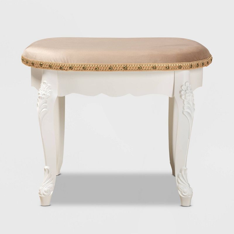 Gabrielle Velvet Fabric Upholstered Wood Vanity Ottoman Sand/White/Gold - Baxton Studio, 5 of 10