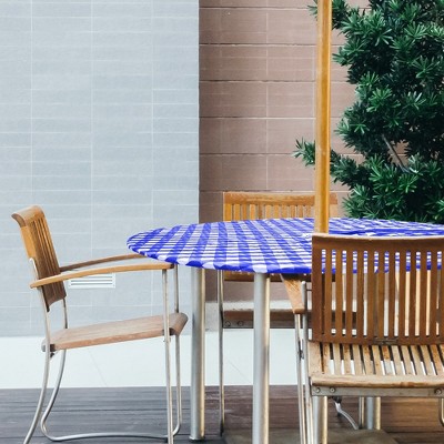 Blue Checkered Vinyl Round Fitted Tablecloth with Umbrella Hole