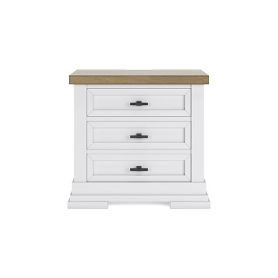 White and Beige 3-Drawer Nightstand with USB Ports